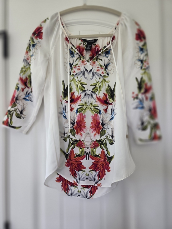 White House Black Market Tops - White House Black Market White Tunic with Red, Green & Blue Floral Print